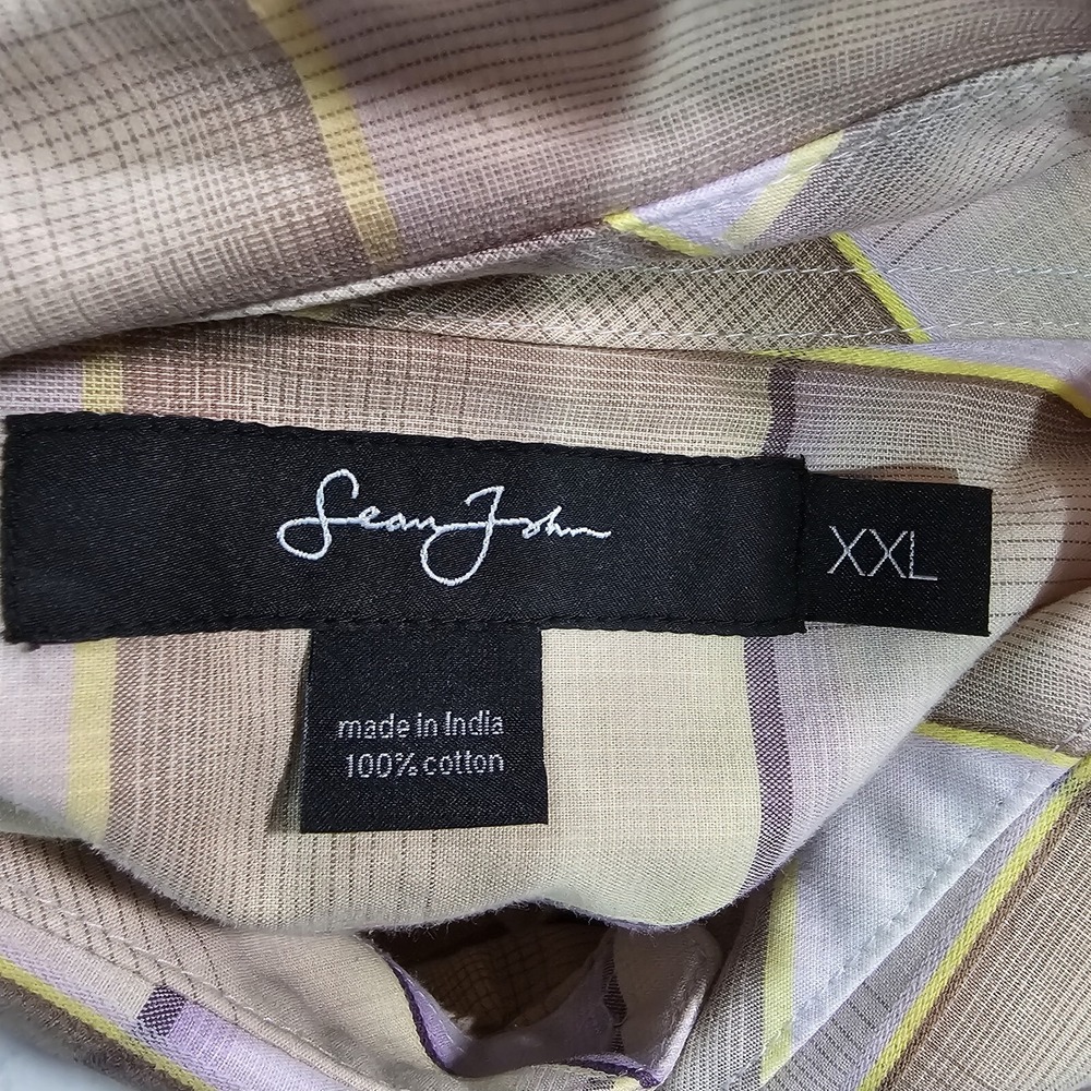 Sean John Shirt MENS SZ XXL Beige Purple Plaid Button Up Short Sleeve Y2K Diddy - Picture 10 of 11